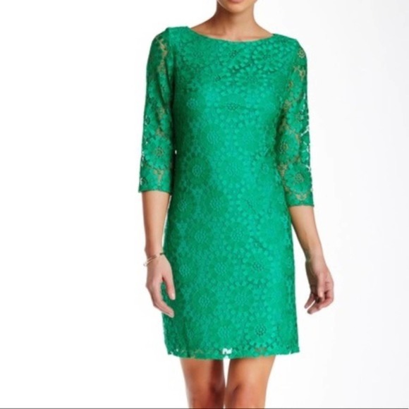 ELIZA J Green Lace Sheath Mini Dress 0 XS Kelly Party 3/4 Sleeve Cocktail - Picture 1 of 7